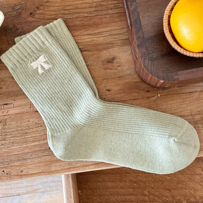 Bow Embroidery Solid Color Cotton Crew Socks