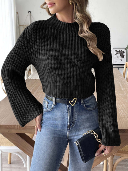 Women'S Short Cropped Knit Sweater With Half High Neck And Flared Sleeves