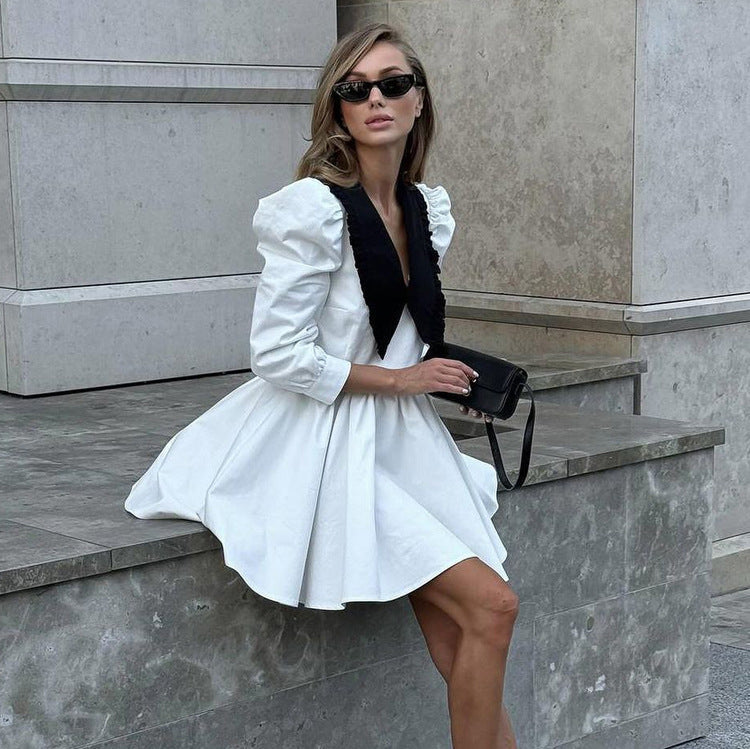 French Color Block A-Line Dress With Peter Pan Collar