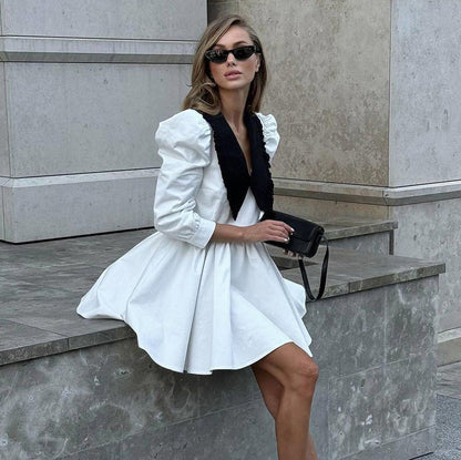 French Color Block A-Line Dress With Peter Pan Collar