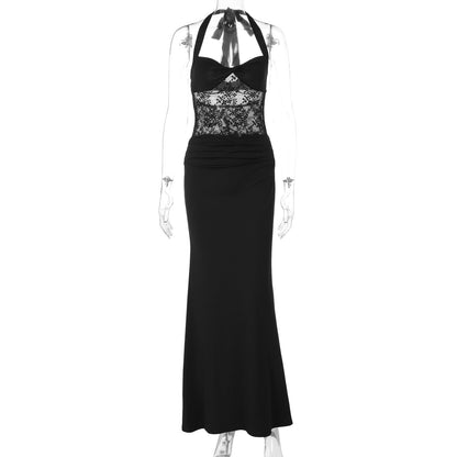 Elegant Black Lace-Trimmed Halter Bodycon Dress