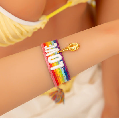 Adjustable Woven Bracelet with Rainbow LOVE Tassels