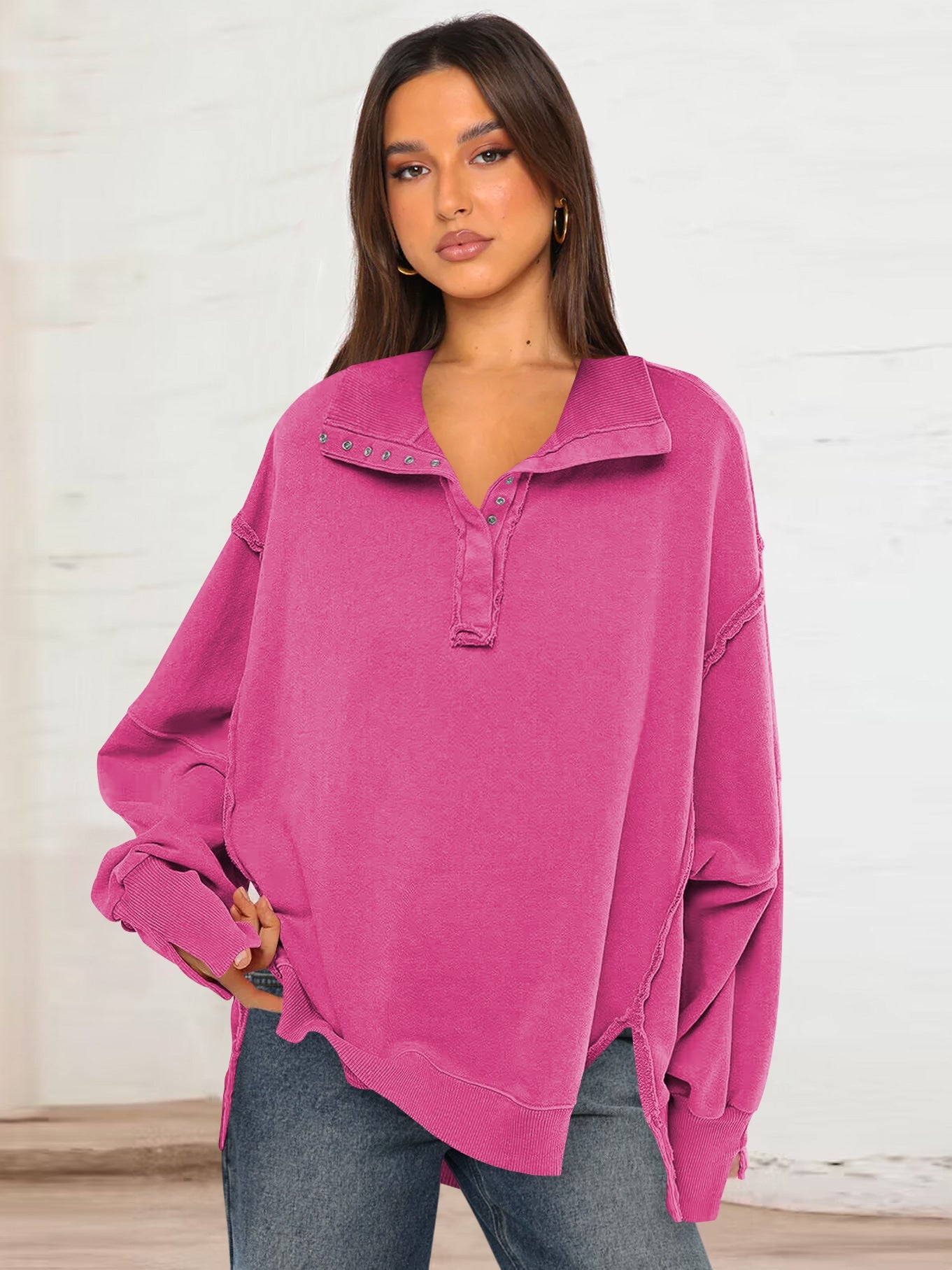 Trendy Casual Polo Neck Sweatshirt with Lantern Sleeves