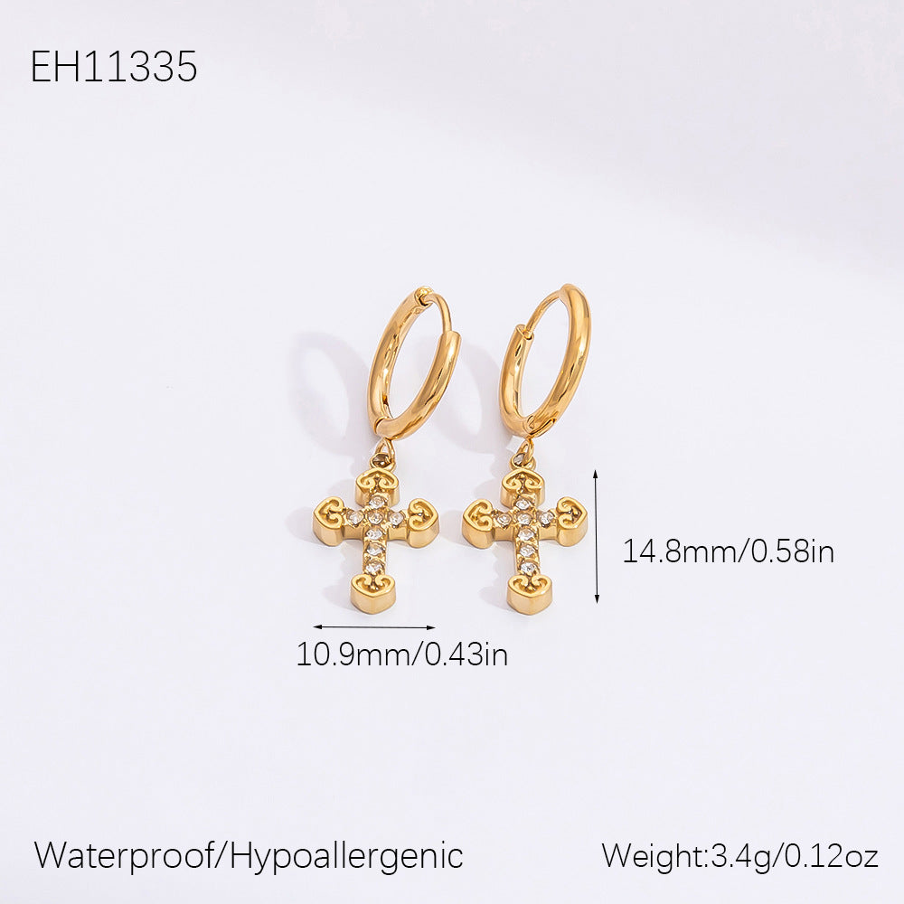 Gold Hollow Cross Earrings with Zircon Stones