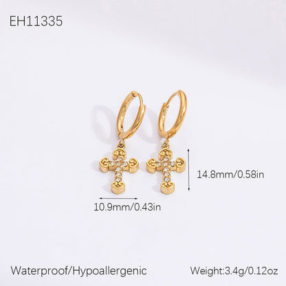 Gold Hollow Cross Earrings with Zircon Stones