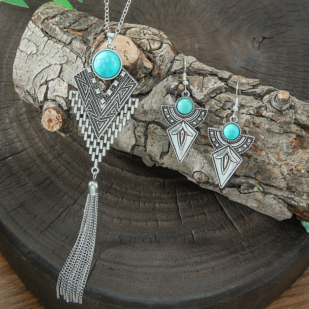 Retro Ethnic Long Pendant Necklace and Earring Set with Turquoise Accents