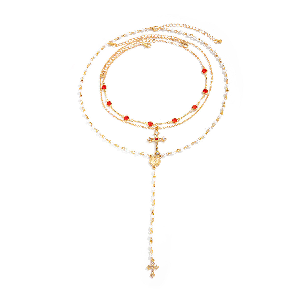 Hip Hop Cross Pendant Necklace With Imitation Pearl Chain