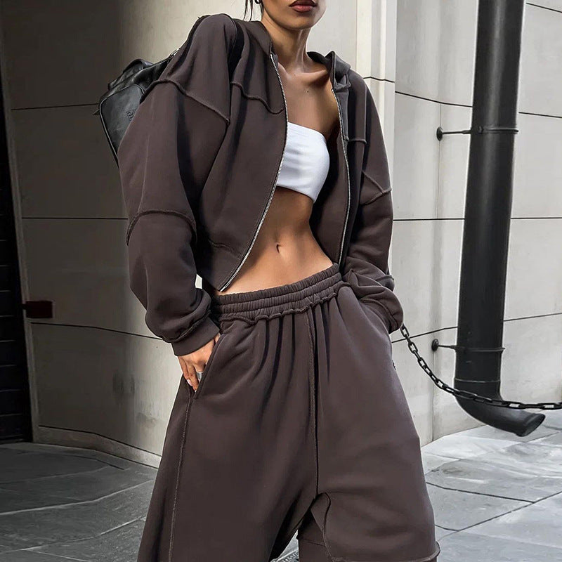Hooded Long Sleeve Zip-Up Jacket And Loose Trousers Set