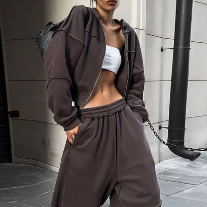 Hooded Long Sleeve Zip-Up Jacket And Loose Trousers Set