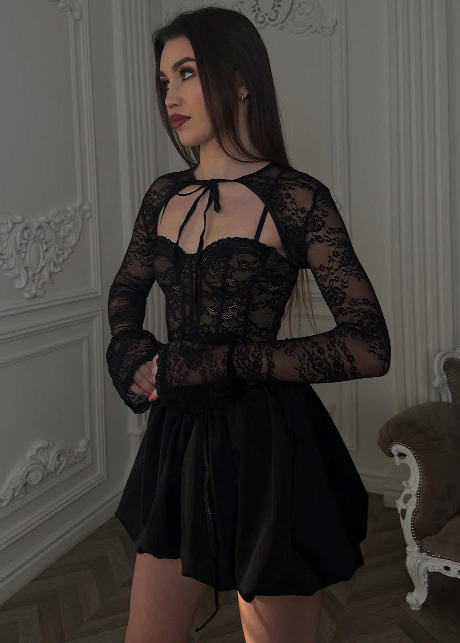 Black Lace Corset Mini Dress With Bubble Skirt