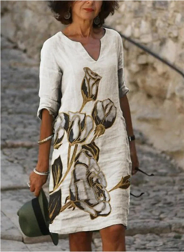 Abstract Print V-Neck A-Line Dress Comfortable Casual Fashion