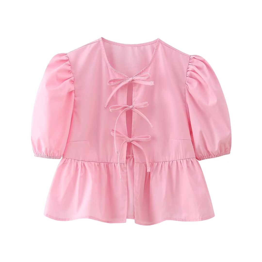 Cute Tie Front Round Neck Pullover Top