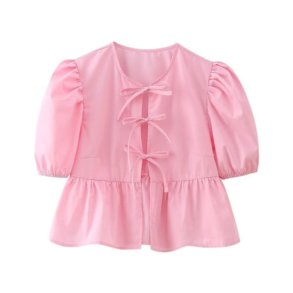 Cute Tie Front Round Neck Pullover Top