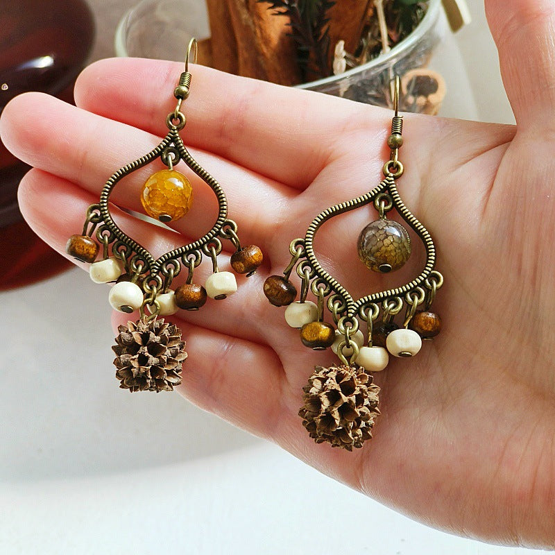 Bohemian Geometric Tassel Earrings with Agate Beads