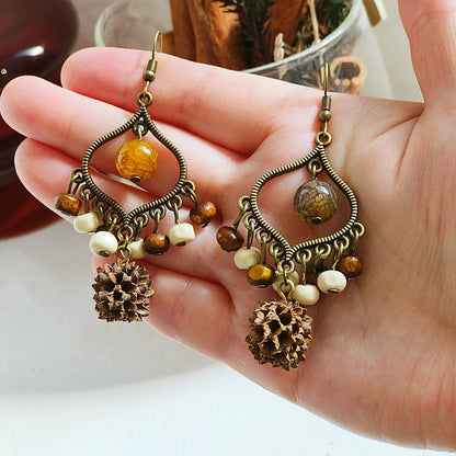 Bohemian Geometric Tassel Earrings with Agate Beads