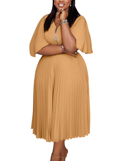 Plus Size V Neck Ruffled Sleeve Dress Elegant Polyester Midi Dress