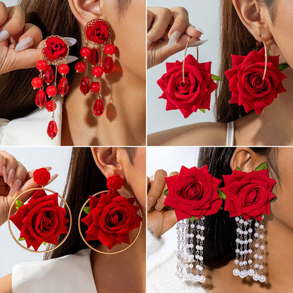 Colorful Pearl Flower Earrings Trendy Chic Fabric Design