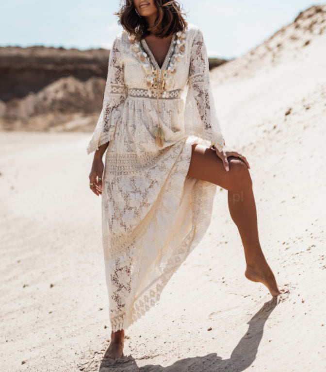 New Lace Stitching Lace Fringed Trumpet Line Long Skirt