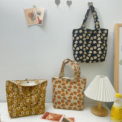 Retro Floral Corduroy Tote Bag Stylish Soft Handbag