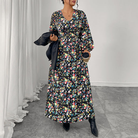 Printed V-Neck High-Waist Loose Maxi Dress