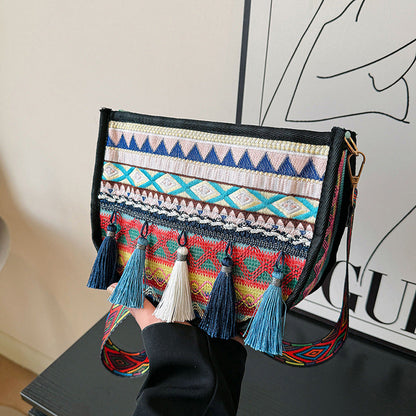 Woven Fringe Crossbody Bag Stylish Cotton Handbag