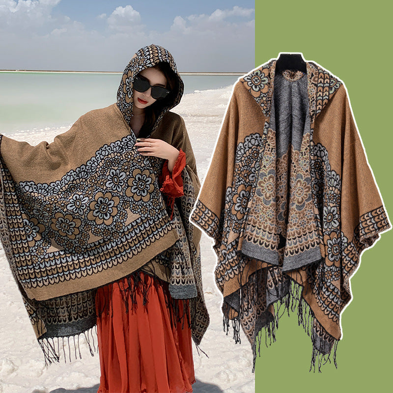 Ethnic Style New Split Shawl Women'S Cloak Scarf Thickened Warm Travel Coat Cloak