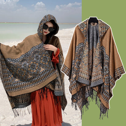 Ethnic Style New Split Shawl Women'S Cloak Scarf Thickened Warm Travel Coat Cloak