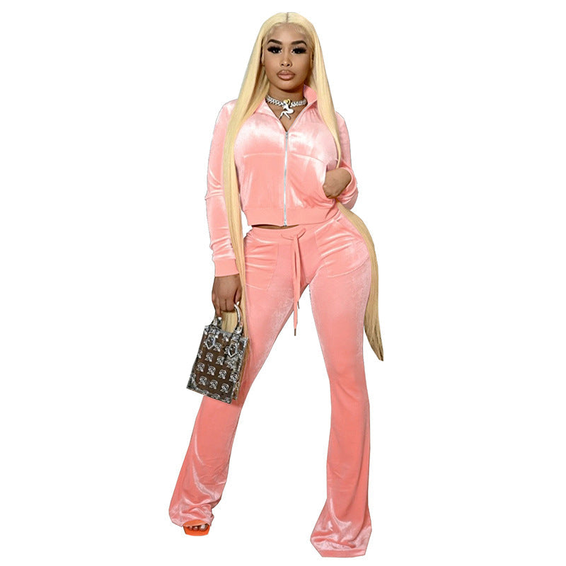 Zip-Up Hooded Crop Top And High-Waisted Flare Pants Set