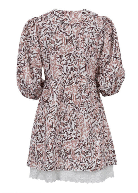 Fern Print Puff Sleeve A-Line Dress Brown