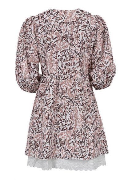 Fern Print Puff Sleeve A-Line Dress Brown