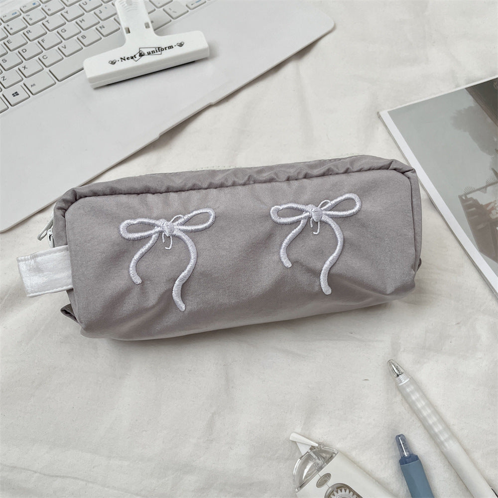 Bow Embroidered Large Capacity Pencil Pouch