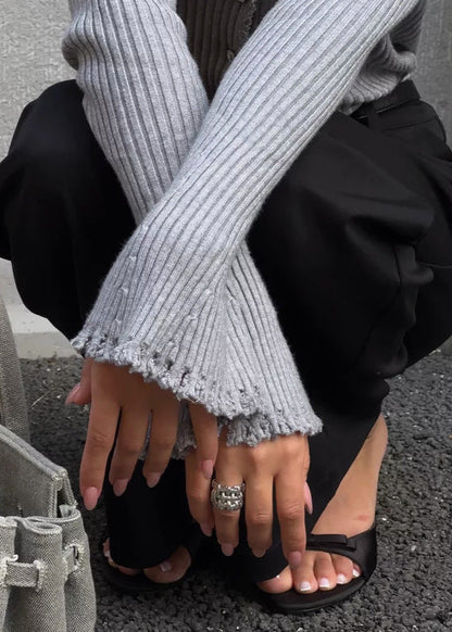 Ribbed Knit Cardigan With Frayed Edges