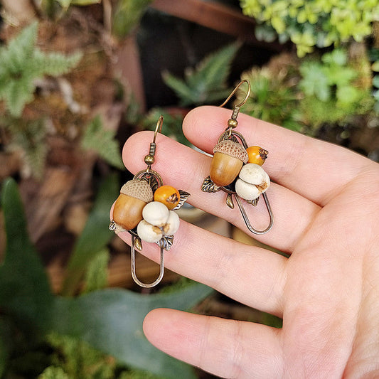 Geometric Botanical Wood Acorn Dangle Earrings