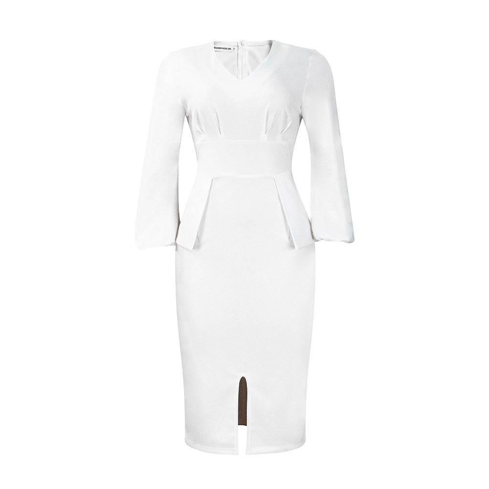 V-Neck Puff Sleeve High Waist Pencil Dress