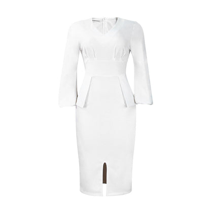 V-Neck Puff Sleeve High Waist Pencil Dress