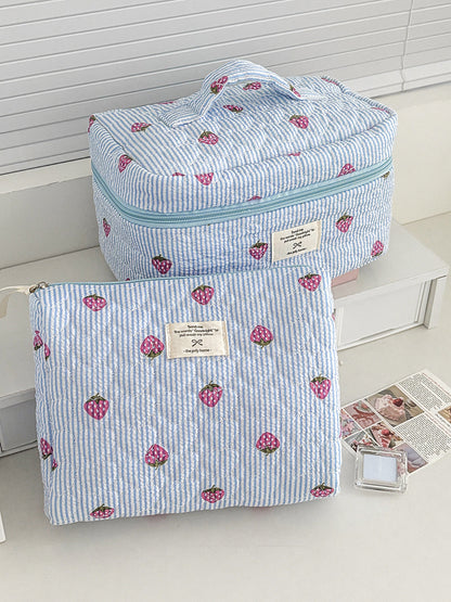Blue Strawberry Striped Makeup Bag Quilted Portable Toiletry Bag