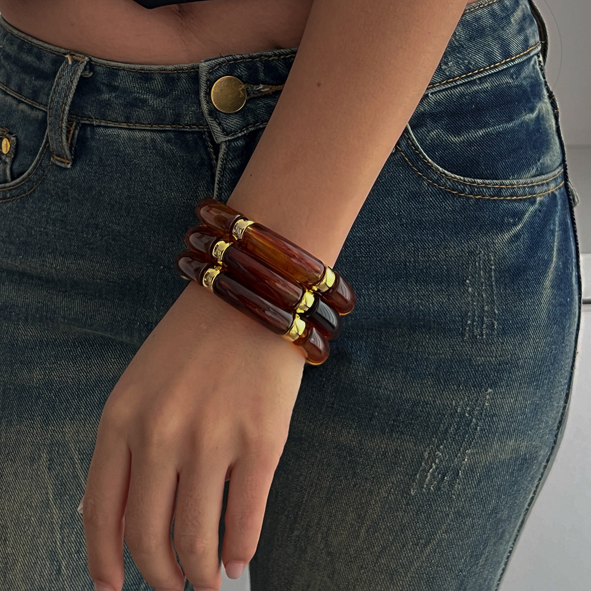 Trendy Beaded Bamboo Bracelets Set With Metallic Curved Tube Design