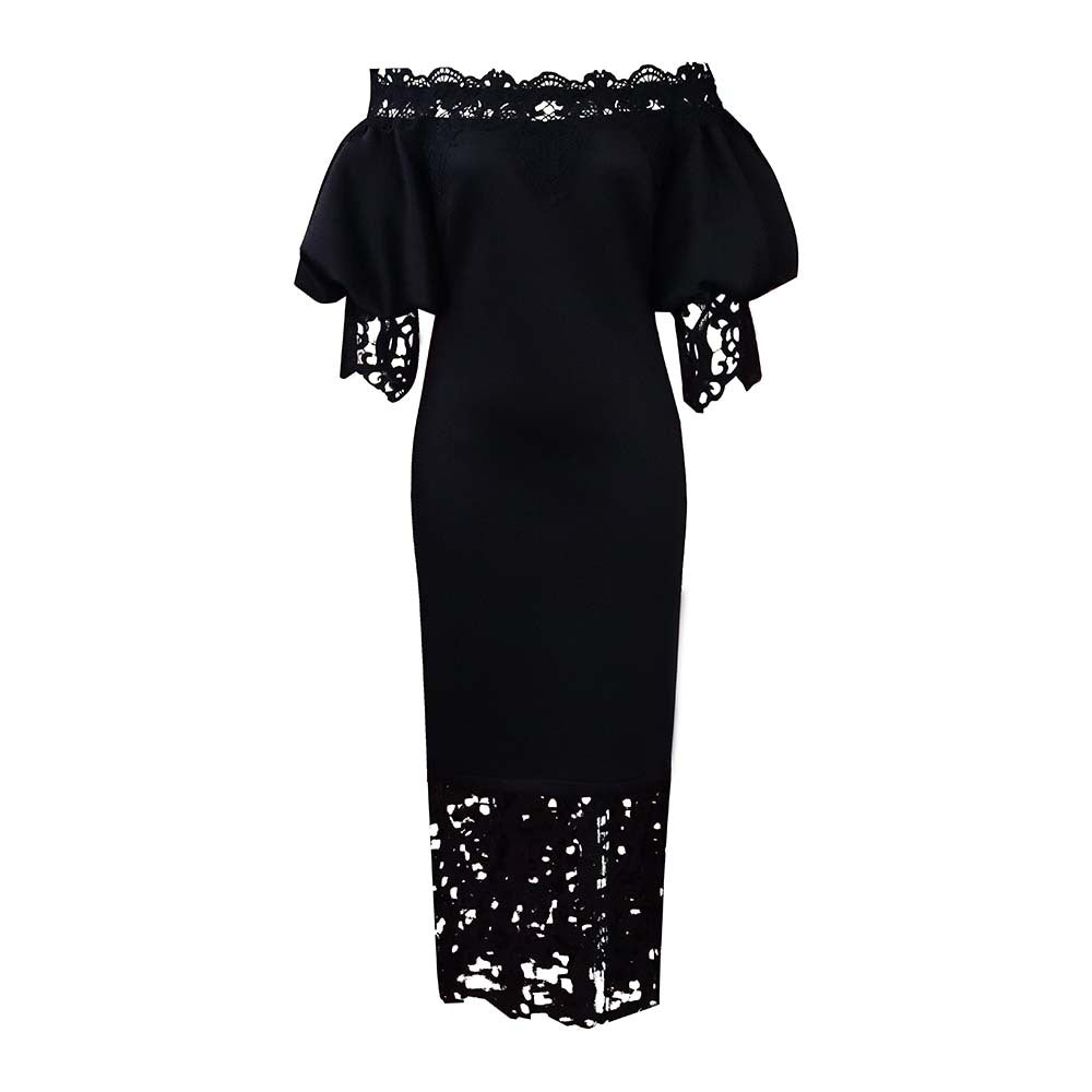 Off-The-Shoulder Lace Detail Pencil Dress With Lantern Sleeves