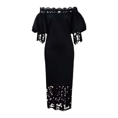 Off-The-Shoulder Lace Detail Pencil Dress With Lantern Sleeves