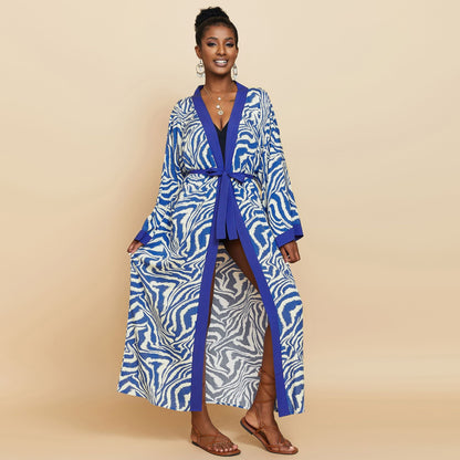 Beach Blouse Zebra Pattern Vacation Bikini Sunscreen Cardigan