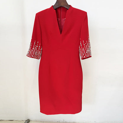 V-Neck Knee-Length Dress With Beading And Sequins
