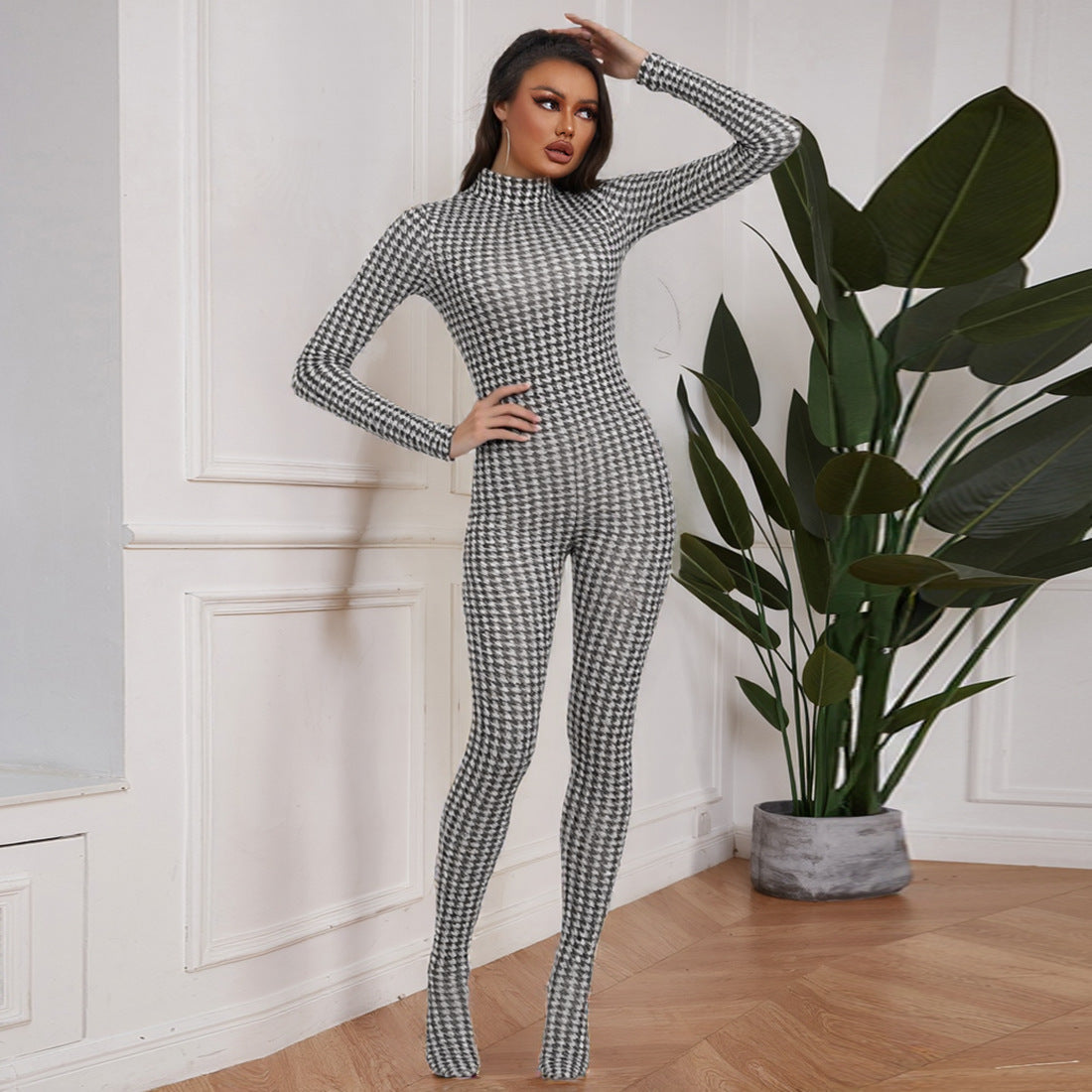 Fashionable High Neck Long Sleeve Bodysuit With Print