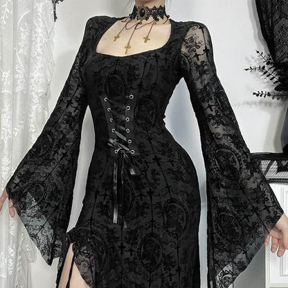 Elegant Black Velvet Long Sleeve Dress with Cross Design