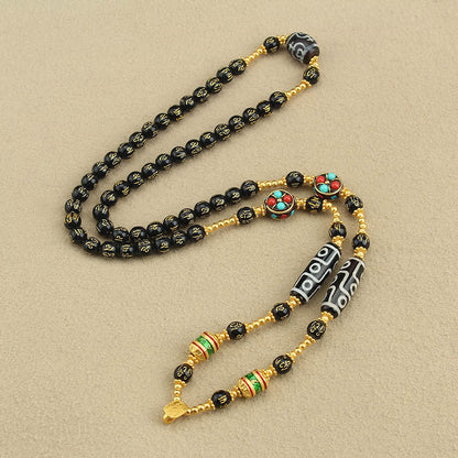 Sand Gold Pendant, Thangka With Chain, Removable Long Necklace, Six-Character Motto Agate Dzi Beads, High-End Retro Chain