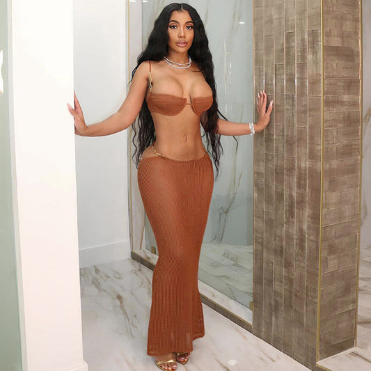 Sexy Sheer Lace-Up Top And High Waist Skirt Set