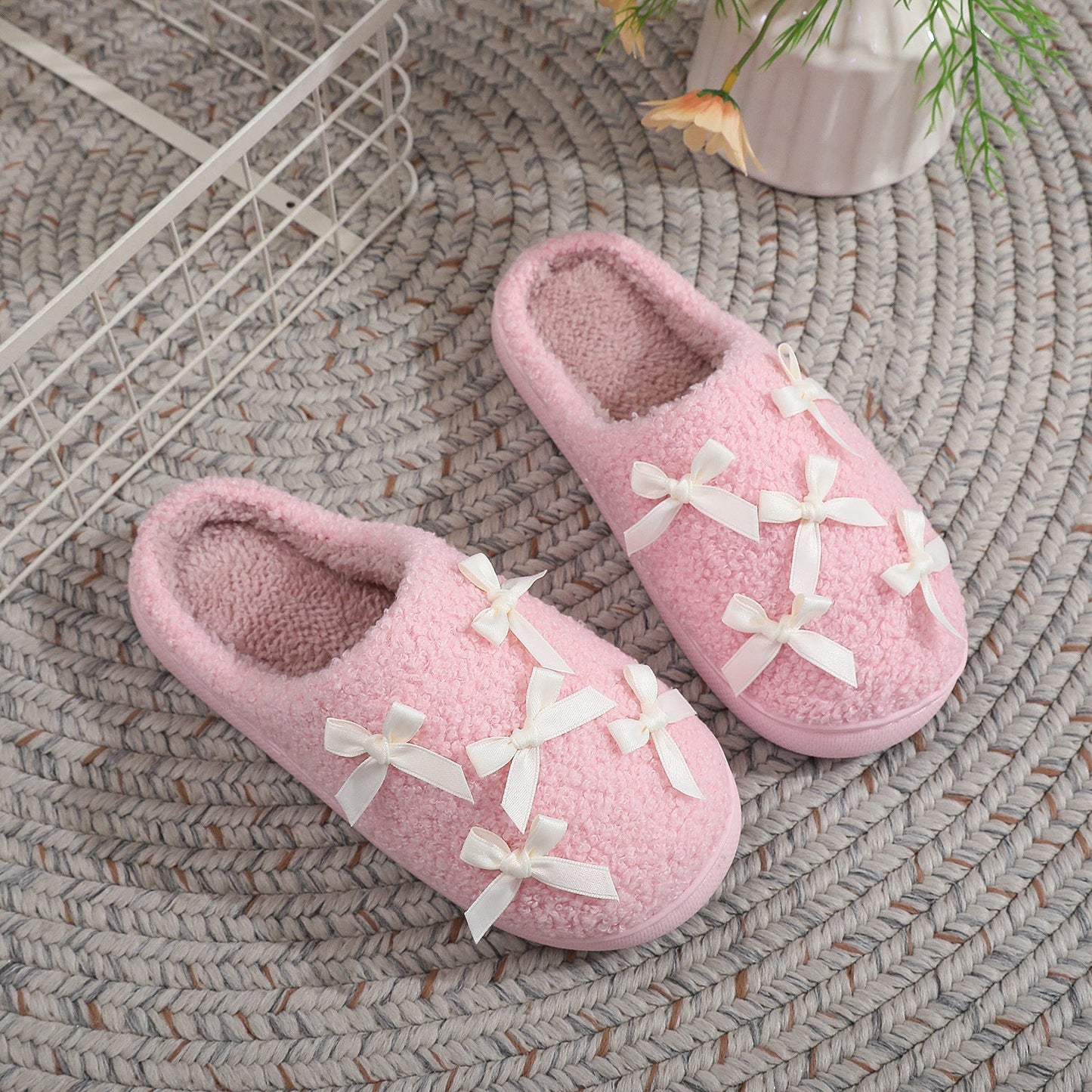 Bow Knot Plush Warm Winter Indoor Slippers