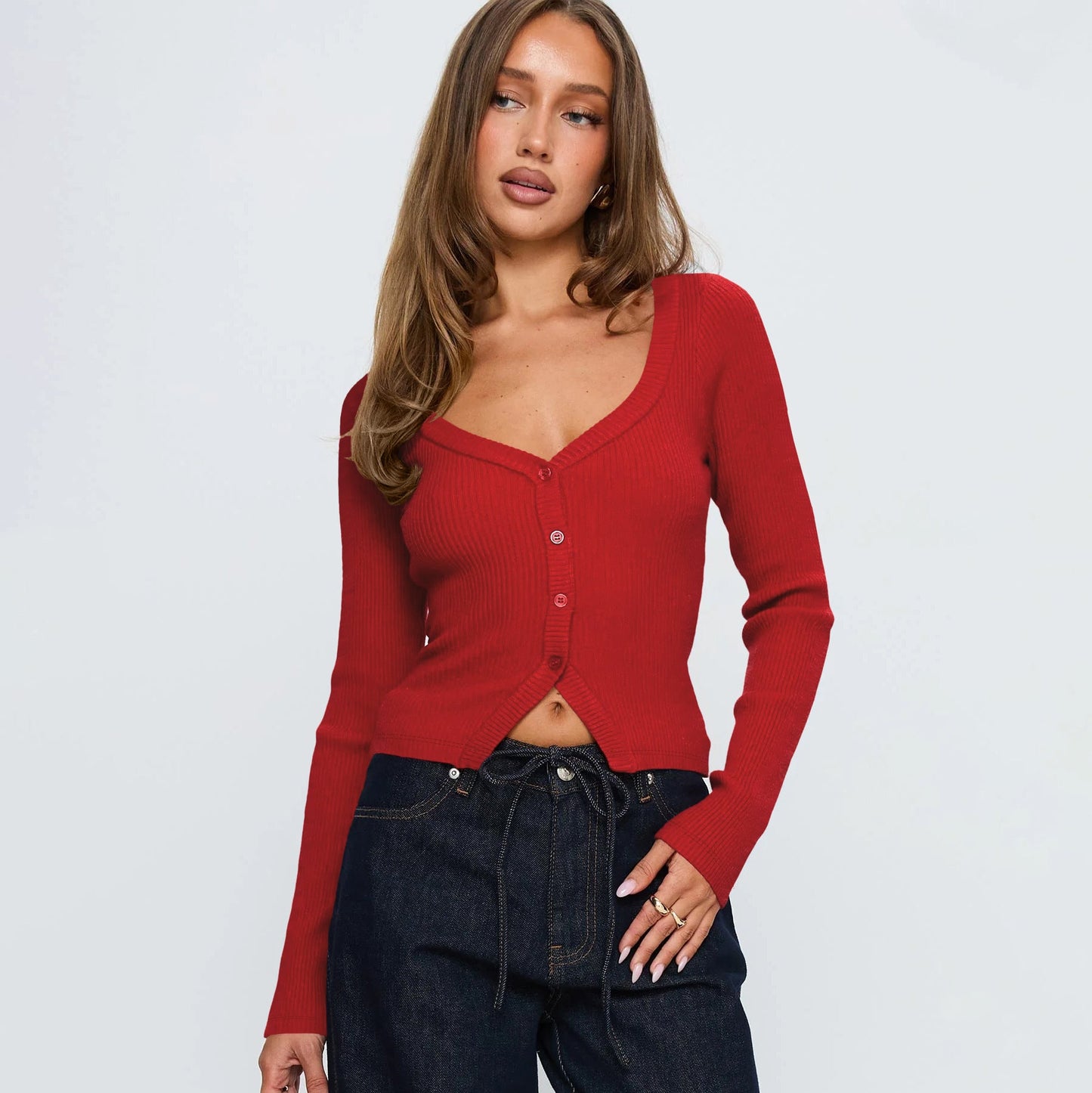 V-Neck Long Sleeve Cardigan Cozy Casual Top