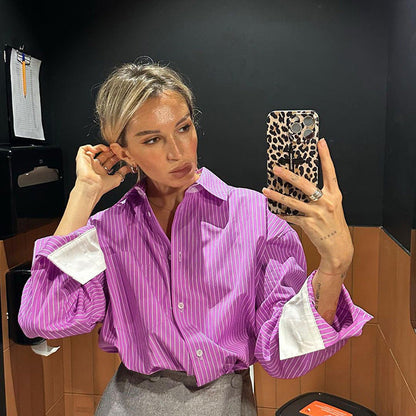 Color Block Striped Long Sleeve Shirt for Women