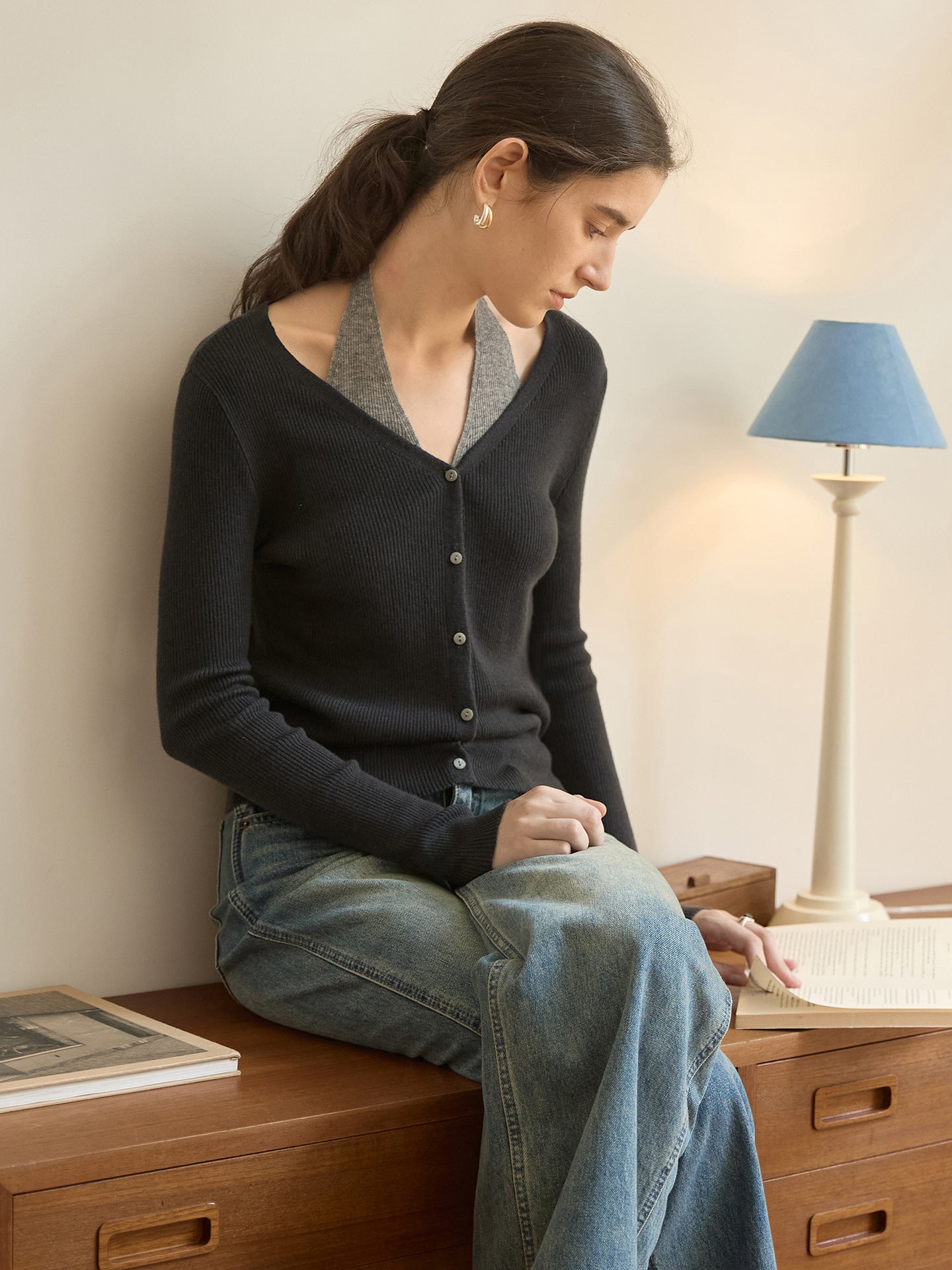 Color Block Knitted Top V-Neck Long Sleeve Wool Blend
