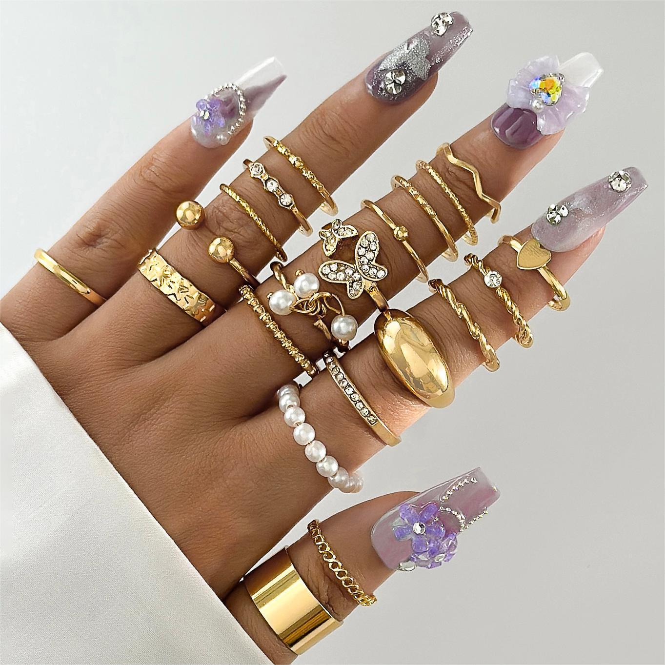 Trendy Leaf Heart Rings Geometric Pearl Joint Stacking Ring Set